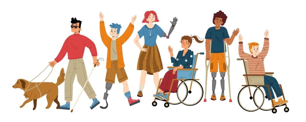 Un grup de persoane - o persoană cu deficiențe de vedere și un câine ghid; persoane cu mobilitate redusă